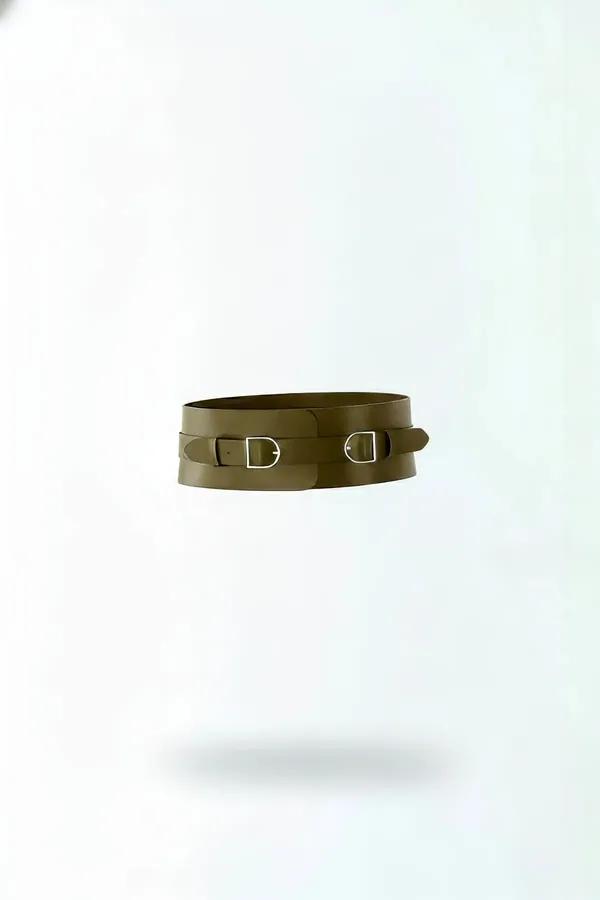 Wide faux leather waist harness in olive green with two silver buckles, smooth matte finish, 7cm band