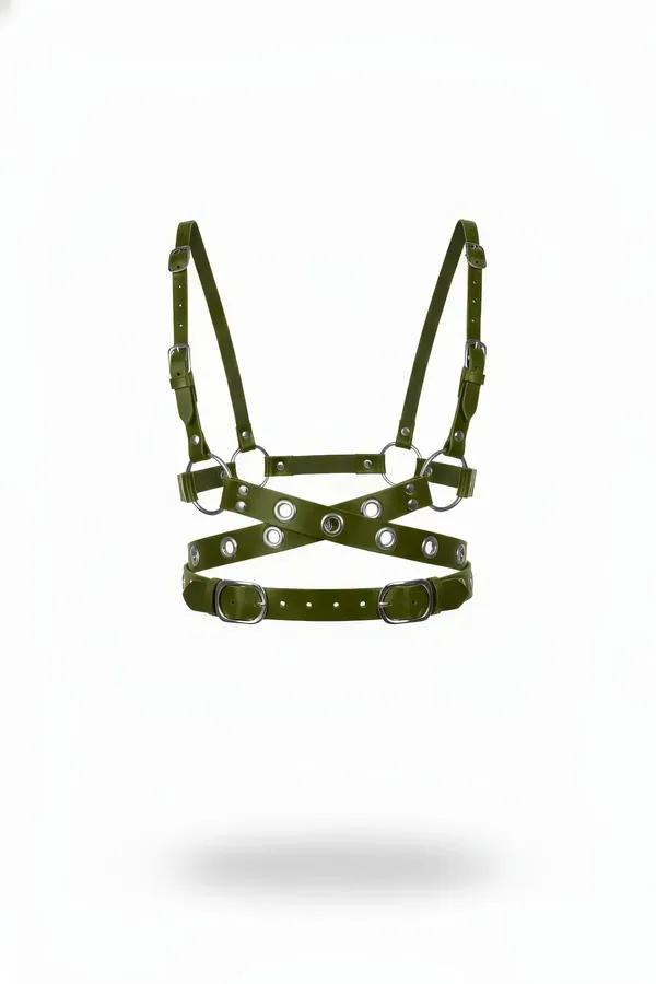 Olive green faux leather caged chest harness with silver eyelets and adjustable buckle straps, front view on white background