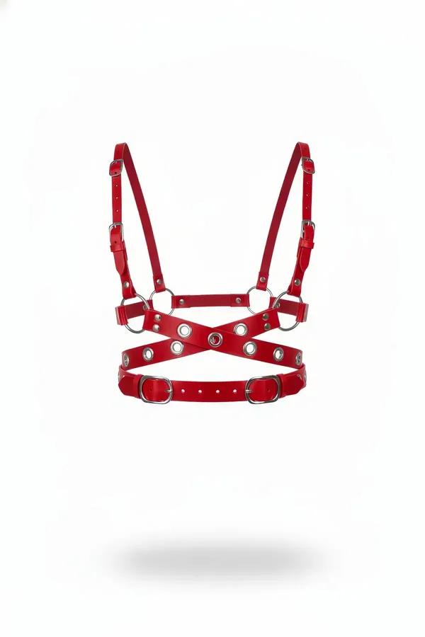 Red faux leather chest harness with silver O-rings grommet cross-strap panel and adjustable buckle waist band