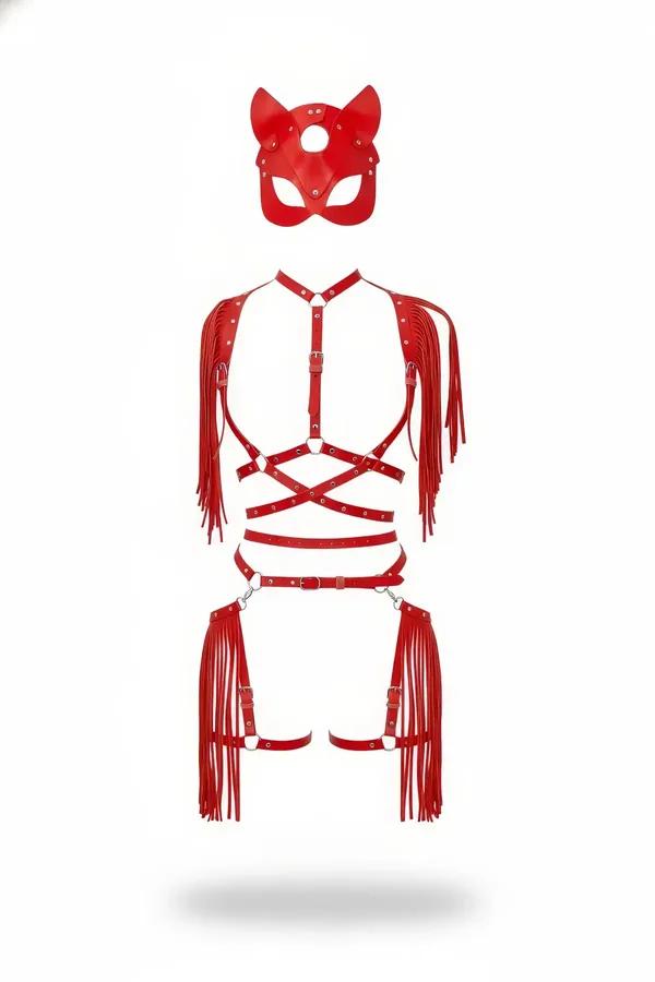 Red faux leather fringe body harness set with cat ear mask, silver buckles and O-rings, white background