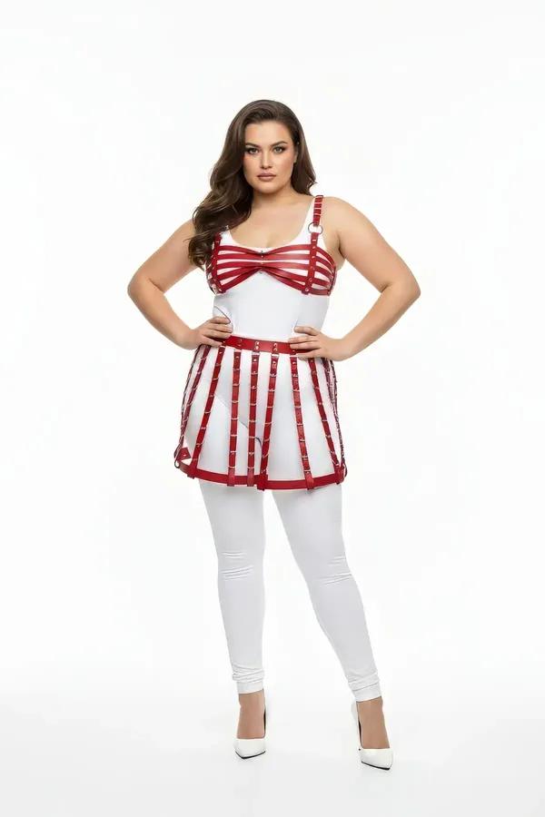 red faux leather cage skirt and bra set with silver O-ring hardware and horizontal strap bra on model
