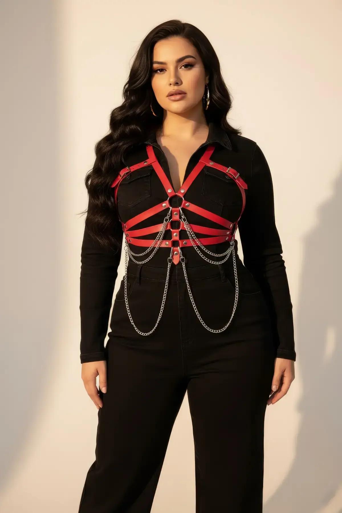 close-up of silver-tone draping chains and stud rivet hardware on red faux leather body harness