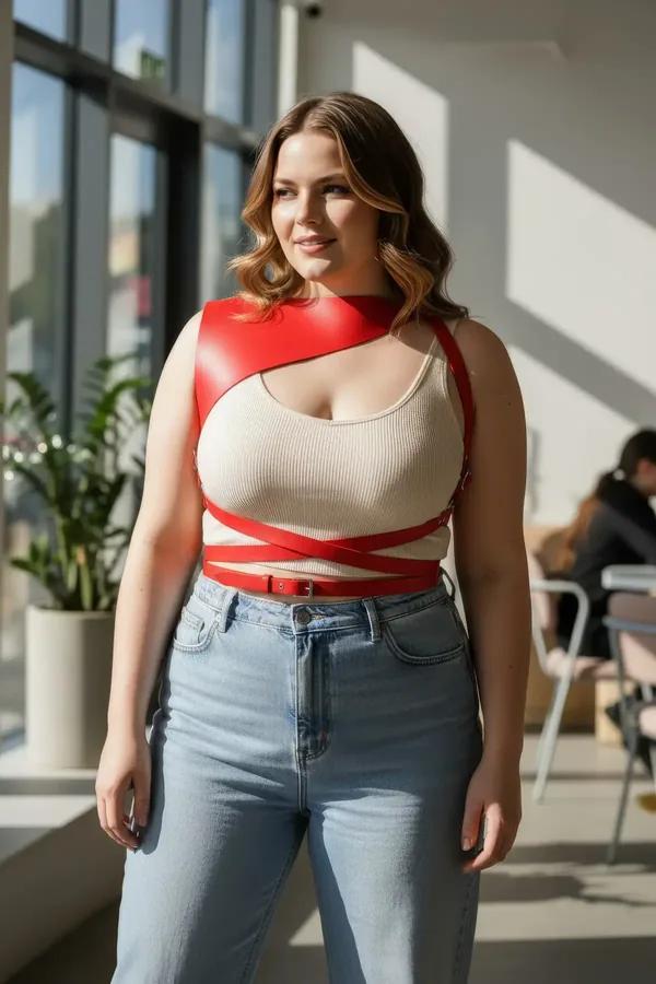 Red faux leather asymmetrical shoulder harness with waist wrap straps styled over cream ribbed tank and jeans