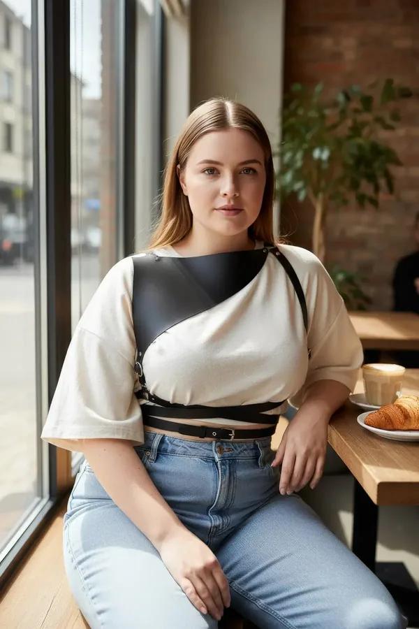 black faux leather asymmetric shoulder panel harness with adjustable waist strap worn over cream tee