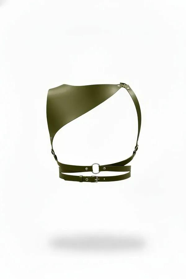 Olive green faux leather asymmetrical body harness with sculpted diagonal panel, silver O-ring, and double waist straps