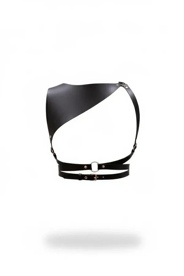Black faux leather asymmetrical panel chest harness with single-shoulder coverage, silver O-ring center detail, and double wa