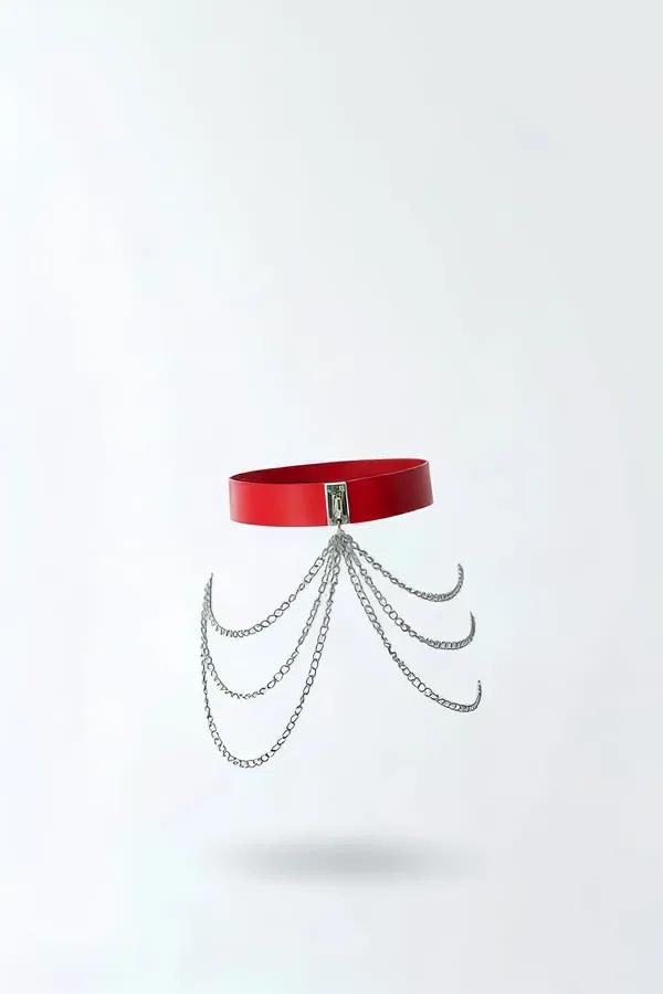 Red faux leather waist belt with five cascading silver link chains draped in layered swags from a rectangular center clasp