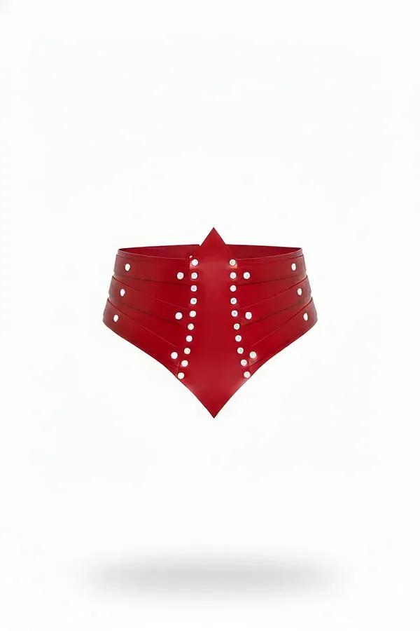 red faux leather wide waspie belt with silver dome studs and pointed V-tip front panel, four layered straps