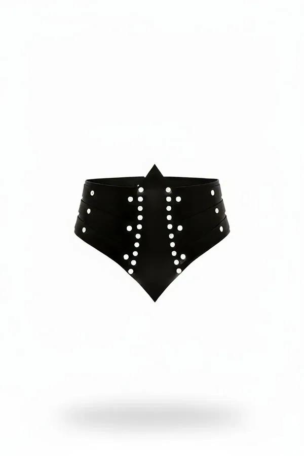 black faux leather waist cincher with pointed apron panels and vertical silver dome studs front view
