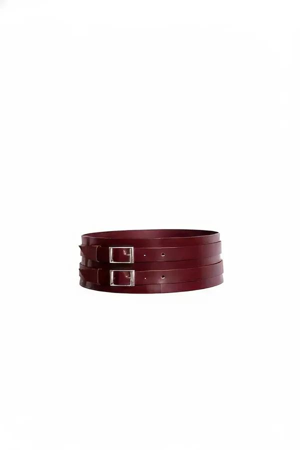 burgundy wide faux leather waist belt harness with two silver pin buckles and stacked parallel straps