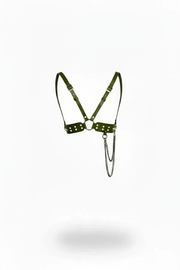 Khaki olive faux leather chest harness with silver studs underbust band, O-ring center, and draped double gunmetal chain on w