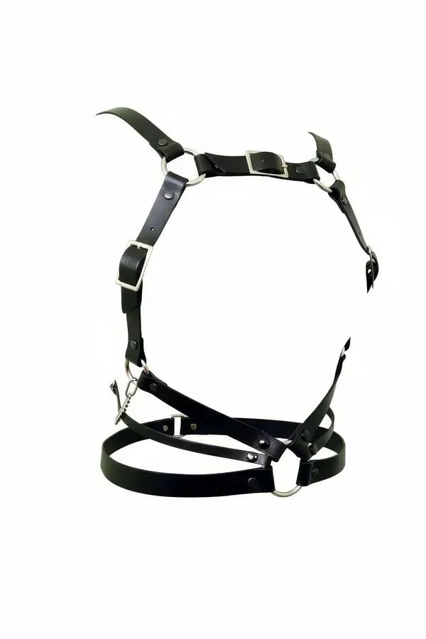 Black faux leather full body harness with silver O-rings and rectangular buckles, open-frame strap construction
