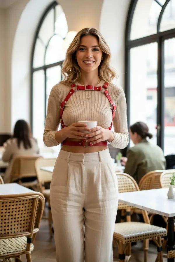 Red faux leather chest harness with gold-tone buckles worn over beige ribbed knit top, cafe setting