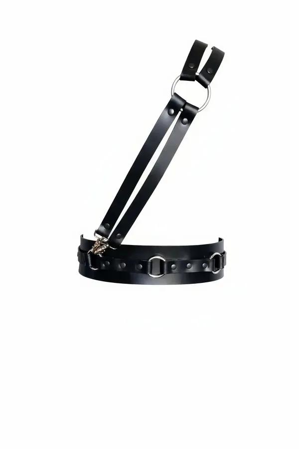 Black faux leather O-ring waist belt with detachable silver suspender straps, product flat lay
