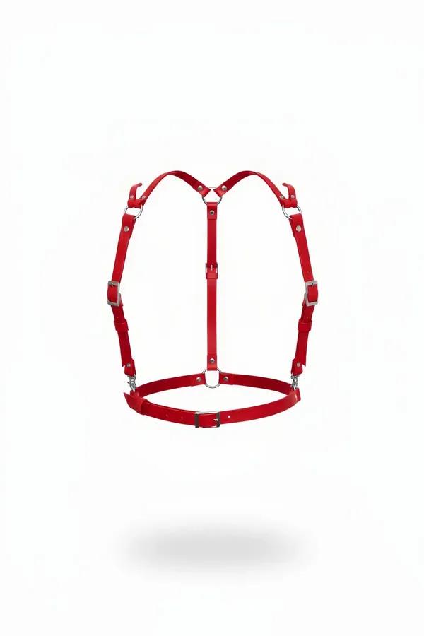 Red faux leather waist and shoulder body harness with silver O-rings and press-buckle adjusters on white background