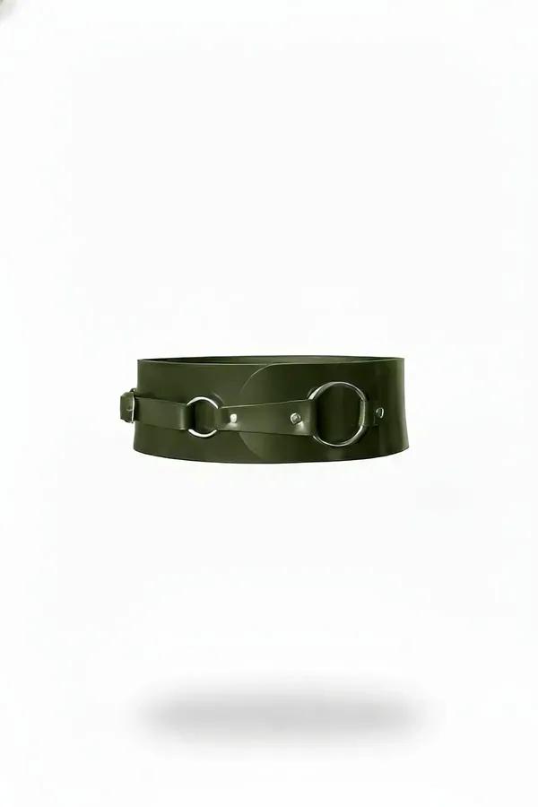 olive green vegan leather wide waspie belt with dual silver O-rings and center strap rivet detail