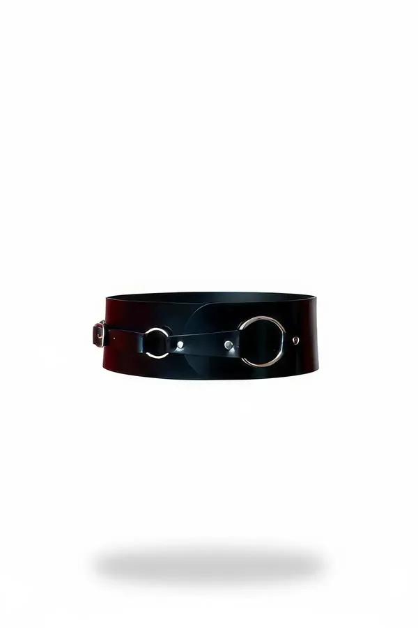 black patent faux leather wide waist belt dual silver O-rings buckle closure front view
