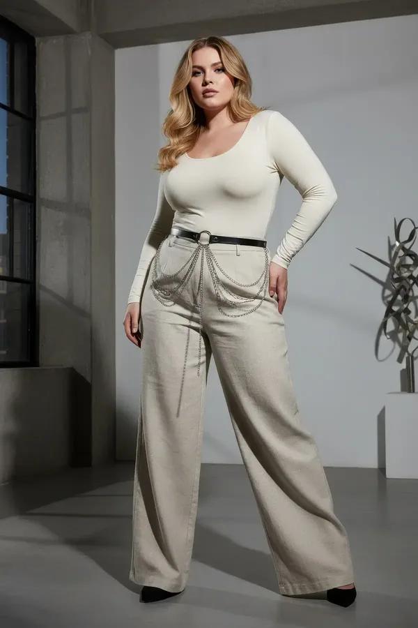 Black faux leather O-ring belt with cascading silver chains draped over wide-leg beige trousers at waist