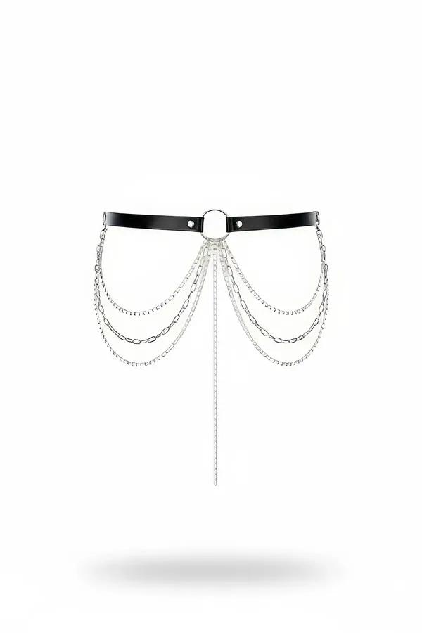 Black faux leather waist harness with four draped silver-tone chains and straight-drop pendant hanging from central O-ring