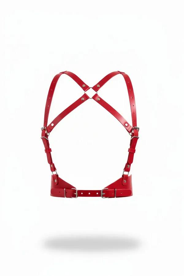 Red faux leather cross-back chest harness with X-back strap configuration and silver buckle underbust band