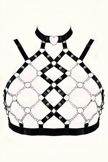 Black faux leather chest harness with silver chain diamond grid O-rings and heart choker ring front view