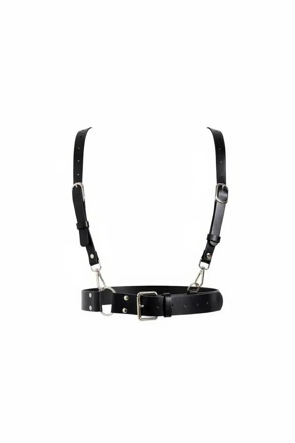 black faux leather harness with wide waist belt silver rectangular buckle and swivel snap-hook shoulder straps front view