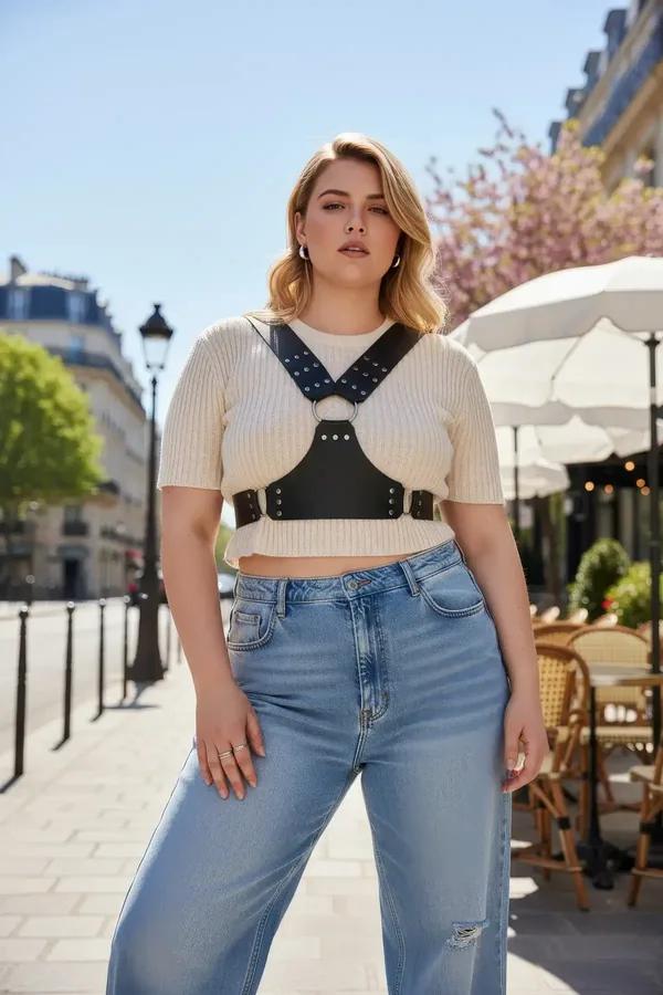 Black faux leather studded chest harness with silver front O-ring and adjustable buckle waistband worn over cream knit sweate