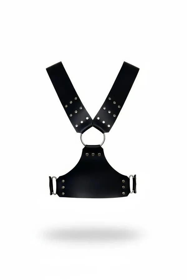 black faux leather studded wide-strap chest harness with silver O-ring and shaped chest panel front view