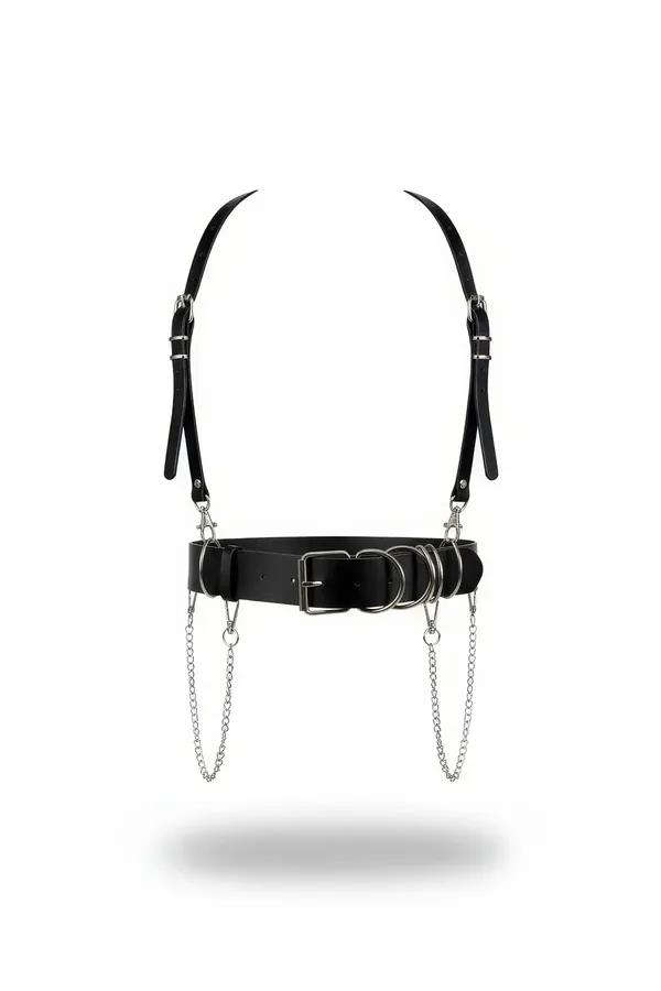 black faux leather body harness with wide waist belt dual O-rings adjustable shoulder straps and draped silver chains