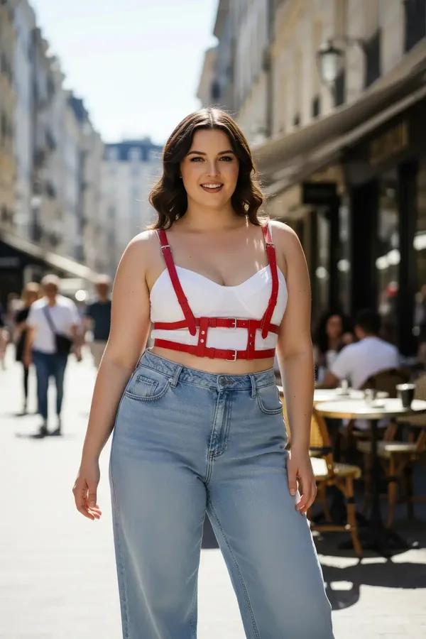 Red faux leather caged underbust harness top with four silver buckles worn over white crop top
