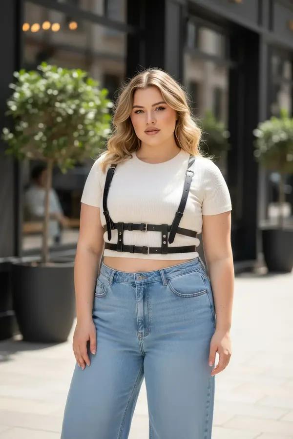 Black faux leather chest harness with double adjustable buckle straps worn over a white ribbed crop top and jeans