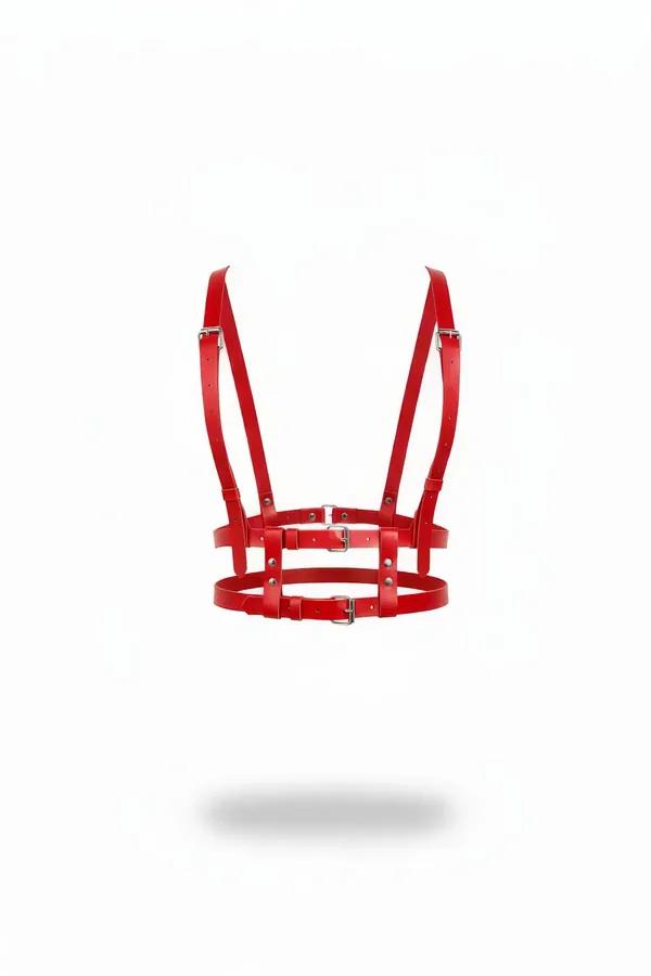 Red faux leather chest harness with double silver buckles and three-band cage strap design, front view