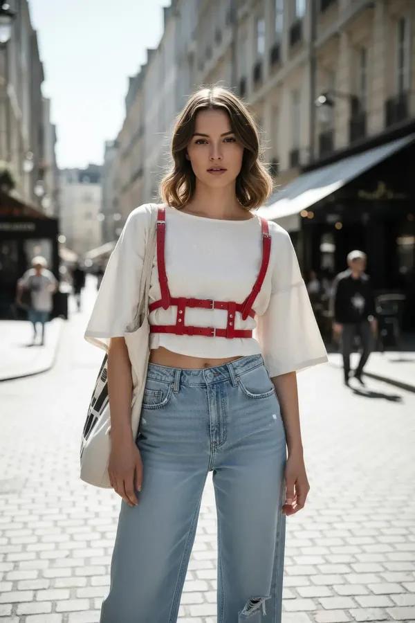 red faux leather caged chest harness with multiple silver buckles worn over white t-shirt street style