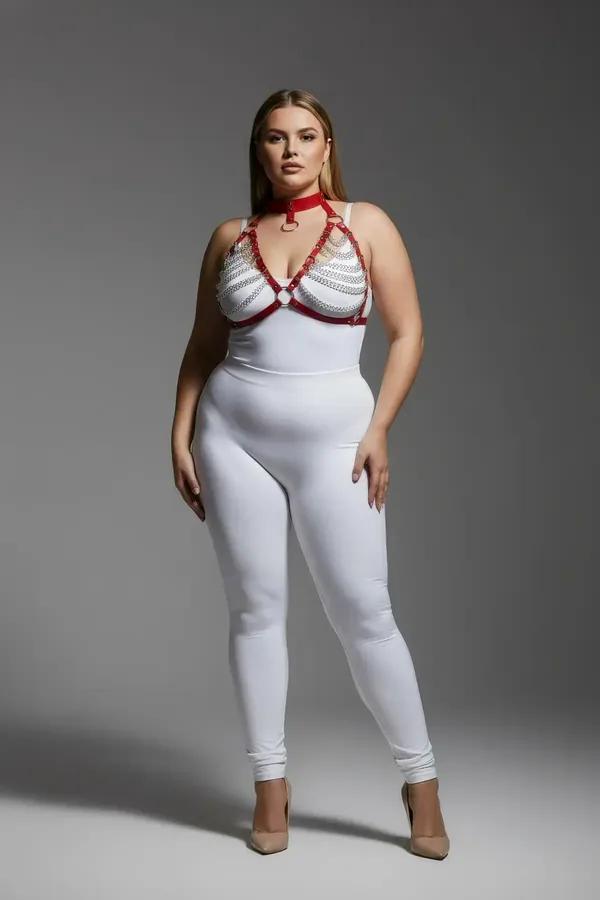 kırmızı vegan deri göğüs harness altın zincir detaylı choker yaka takım büyük beden