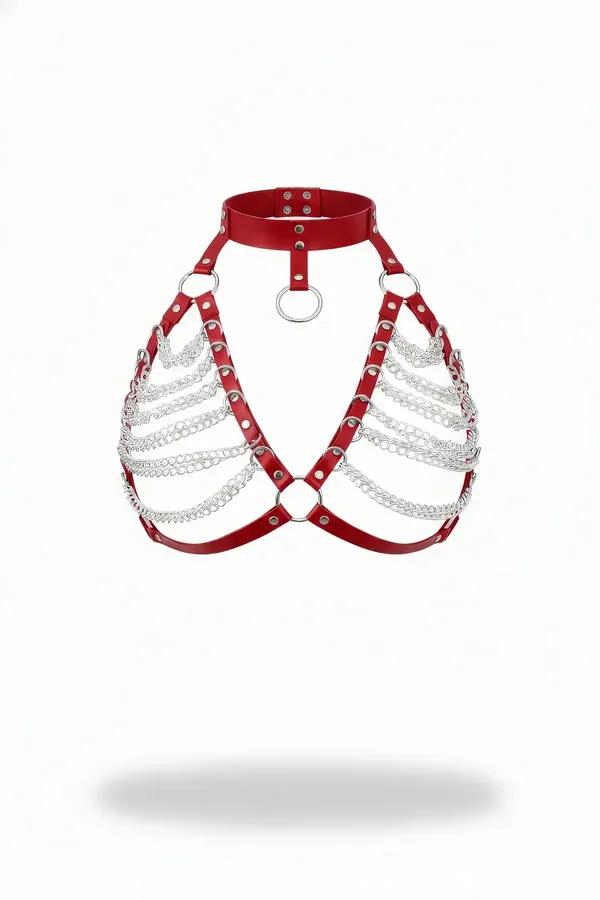 Red faux leather choker chest harness with five-row cascading silver chains and dual O-ring hardware on white background