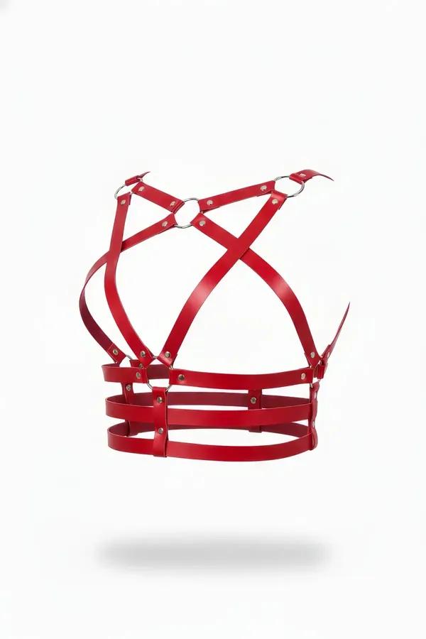 Red faux leather caged chest harness with X-cross straps dual silver O-rings and triple underbust bands