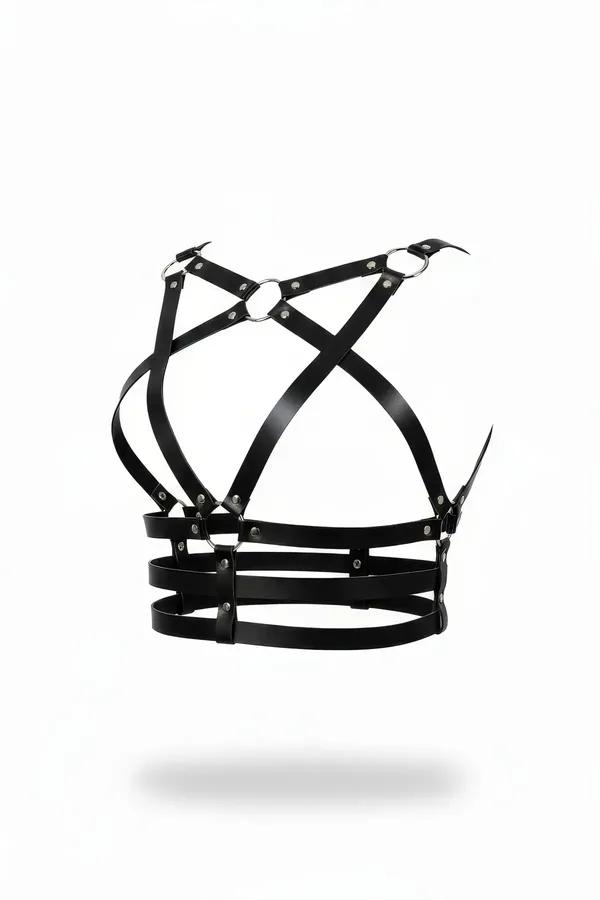 Black faux leather caged chest harness with X-cross straps, dual silver O-rings, and triple stacked underbust bands