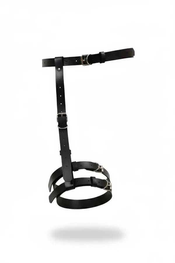 black faux leather single leg garter harness with silver buckles and O-rings, thigh strap adjustable