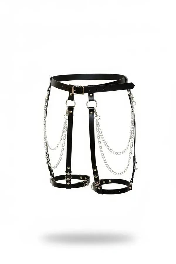 Black faux leather garter harness with silver O-rings and cascading chain drape on white background