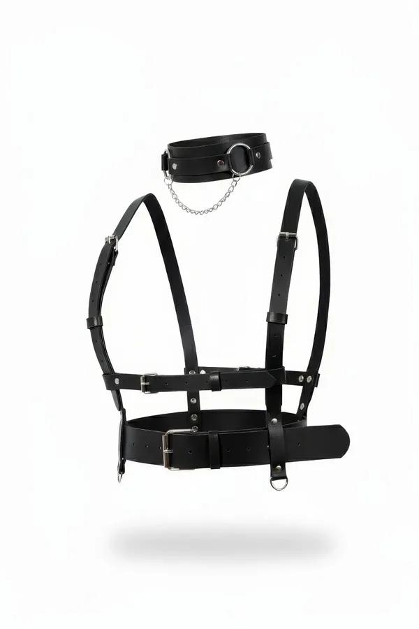 black faux leather body harness with wide waist belt, adjustable shoulder straps, silver buckles, and matching choker with si