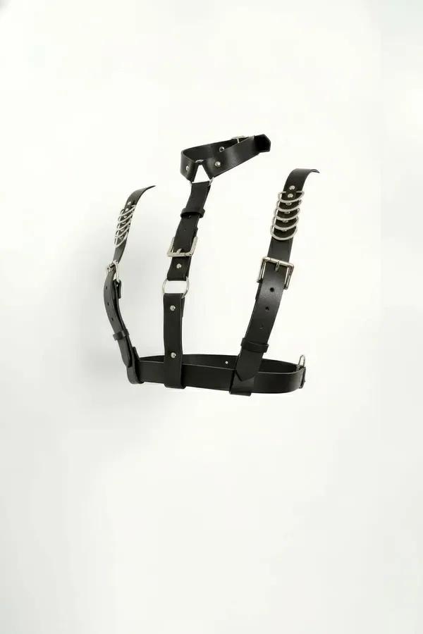black faux leather underbust harness with interwoven silver chain O-ring shoulder straps and rectangular buckle closures
