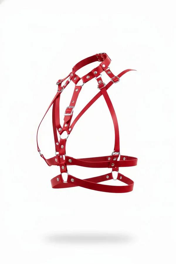 red faux leather multi-strap chest harness with silver buckles and D-rings, five-band cage silhouette on white background