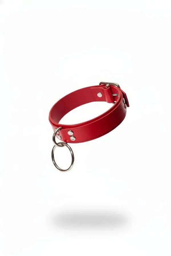 Kırmızı vegan deri choker gerdanlık büyük gümüş O-halka ve ayarlanabilir toka detayı