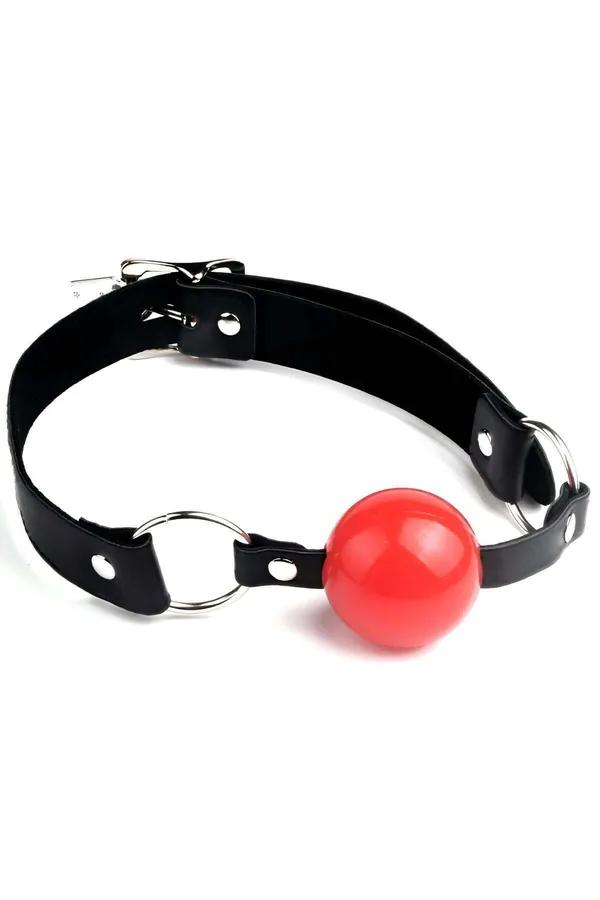 adjustable black vegan leather ball gag with glossy red ball and silver O-ring hardware on white background