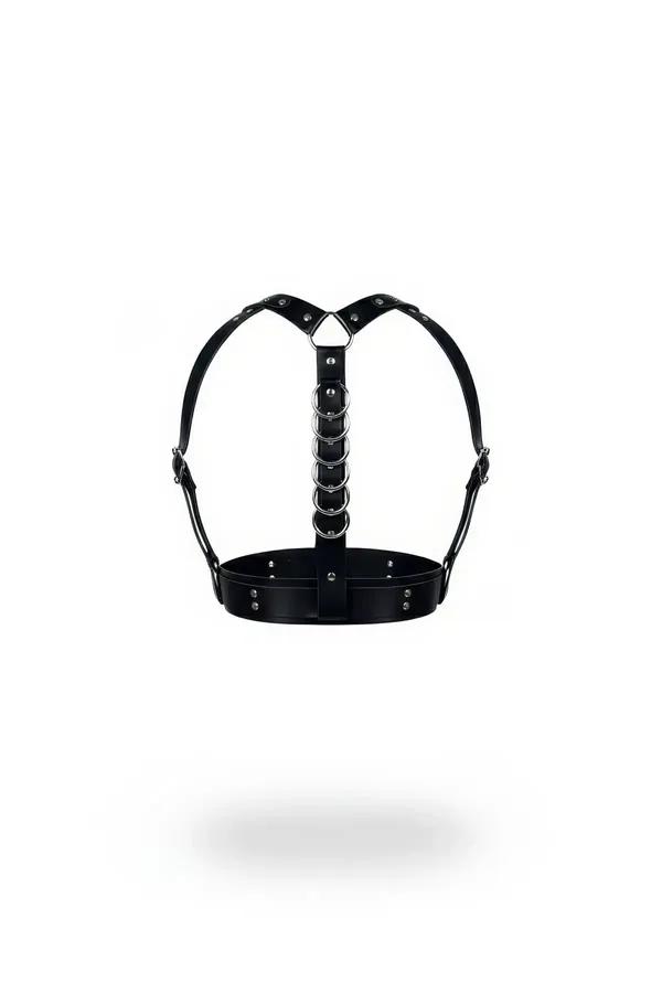 Black faux leather chest harness with 5 stacked silver O-rings vertical column and wide structured waistband