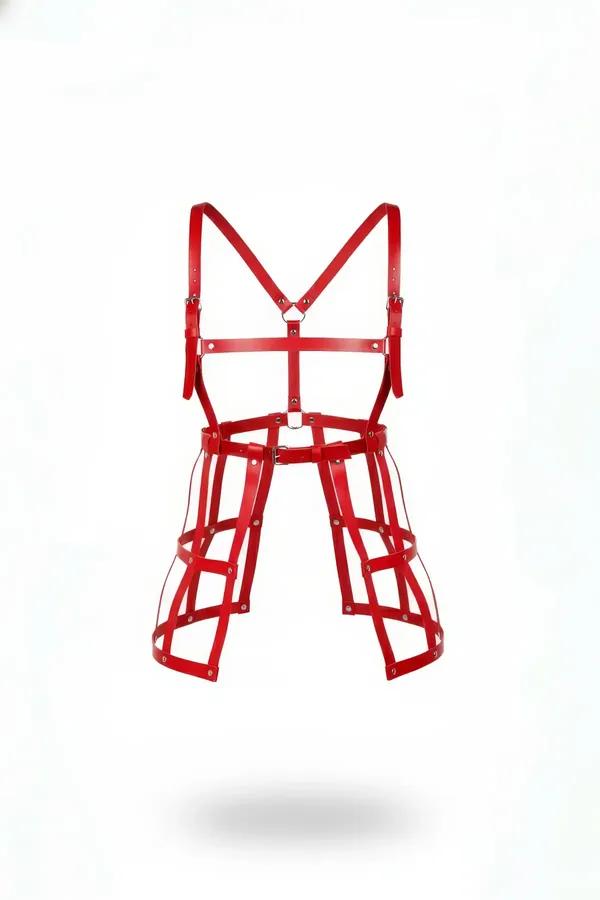 Red faux leather full body cage harness with structured thigh cage panels and silver O-ring hardware, white background