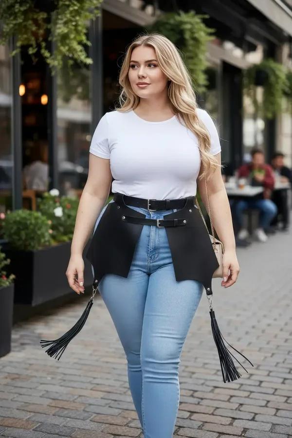 Black faux leather waist harness with wide skirt panels and tassel accents worn over white tee and jeans