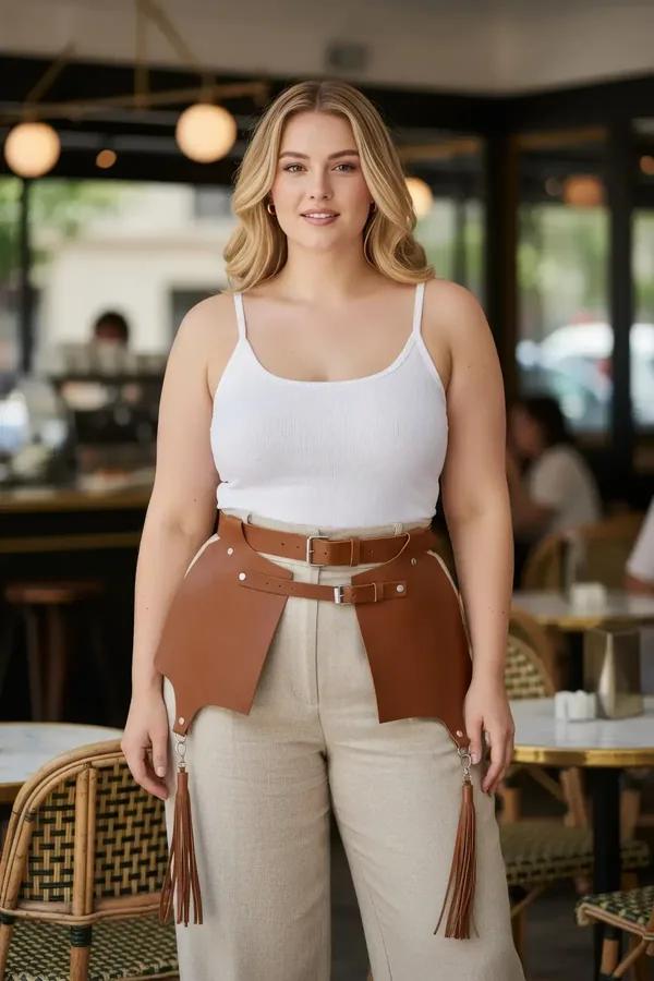 tan faux leather waist harness with wide hip panels dual belt buckles and silver O-ring tassels worn over white tank