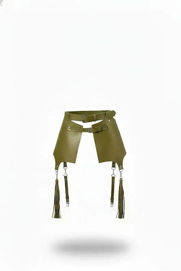 Olive green faux leather paneled waist harness with four detachable tassel garters and silver-tone hardware