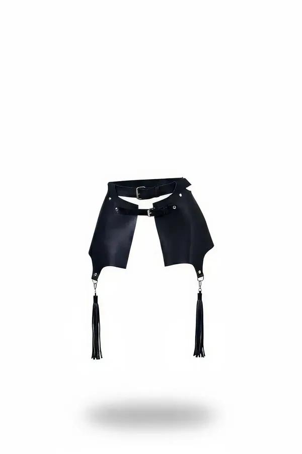 black faux leather waist harness with flared angular skirt panels silver buckle rivets and fringe tassels